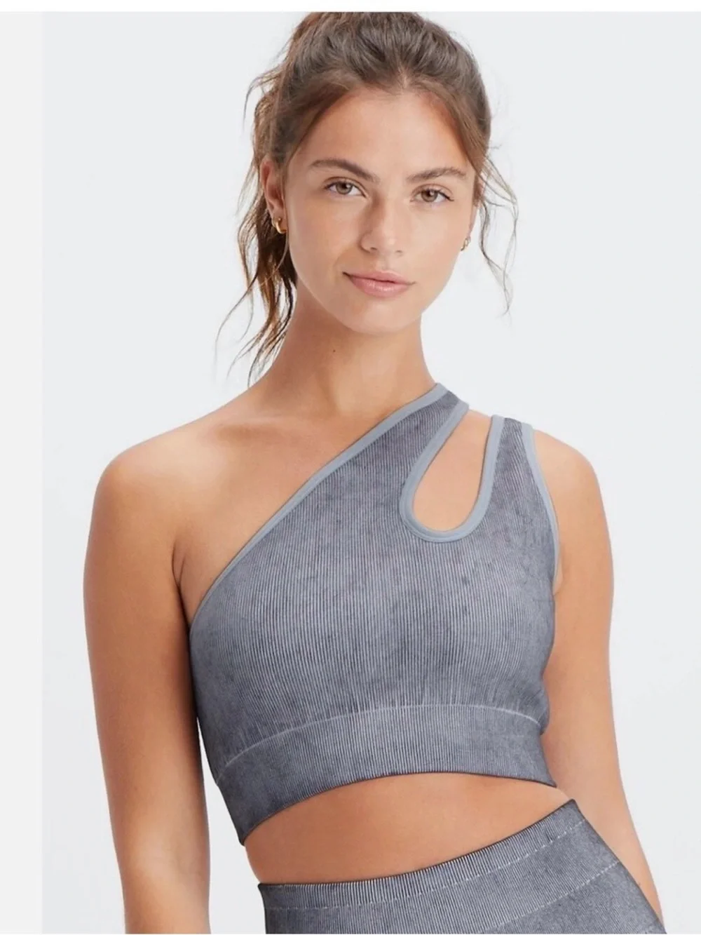 Fabletics Grey Ribbed Top with Gold Logo Accent